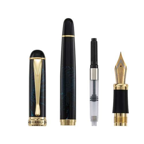 Luxury Fountain Pen Set – 46g Metal Calligraphy Pen with Gift Box, 2 Ink Cartridge Sets (Black & Blue), Flex Nib Writing Pen for Beginners & Professionals (Black with Blue Fireworks) - color: Black with Blue Fireworks
