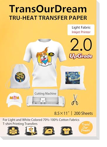 TransOurDream Heat Transfer Paper for Light Shirts(200 Sheets, 8.5x11),Printable HTV Heat Transfer Vinyl for Inkjet Printers - color: Light, size: 200 Sheets