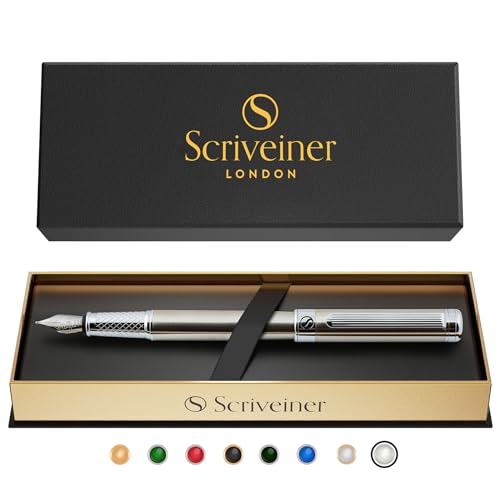 Scriveiner Stainless Steel Fountain Pen - Stunning Luxury Pen with Steel Finish, Schmidt Steel Nib (Fine), Best Pen Gift Set for Men & Women, Professional, Executive Office, Nice Designer Pens - color: 13. Stainless Steel with Chrome, style: Fine Nib