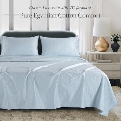 Threadmill Egyptian Cotton Full Size Sheet Set | 100% Certified Egyptian Cotton Sheets for Full Size Mattress | Bed Sheets with Deep Pocket | Soft Damask Jacquard 4Pc Cooling Bedding Set | Light Blue - color: Light Blue Cadence, size: Full
