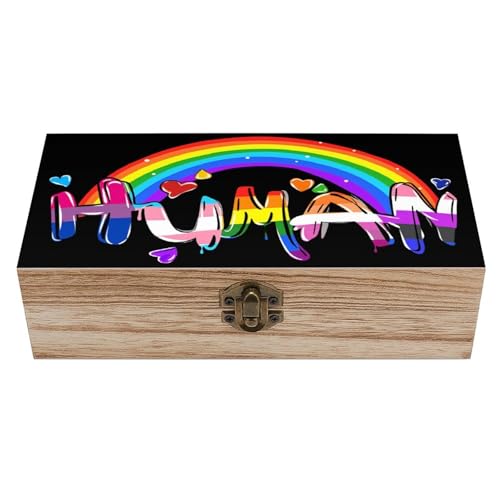 Human LGBTQ Pride Rainbow Flag Jewelry Box Wooden Rustic Multi-Purpose Organizer with Front Clasp for Jewelry, Crafts, Accessories & Small Items - color: style