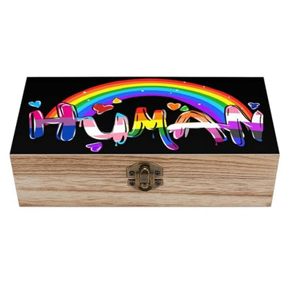 Human LGBTQ Pride Rainbow Flag Jewelry Box Wooden Rustic Multi-Purpose Organizer with Front Clasp for Jewelry, Crafts, Accessories & Small Items - color: style