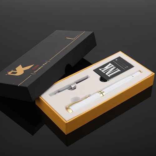 Tiankool Luxury Fountain Pen,Fine Nib, Exquisite Pen Gift Set for Men&Women-Includes 10 Ink Cartridges&Ink Converter- Nice Pens - White - color: White