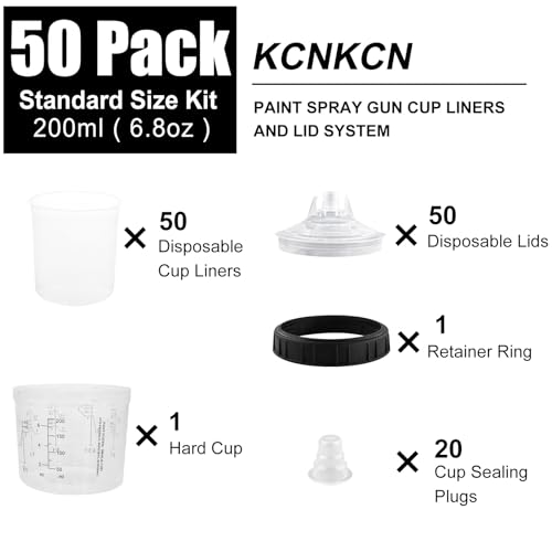 Disposable Paint Spray Gun Cup Liners & Lid System, 50Pcs Standard 6.76 Ounce (200ml) Kit - 125 Mic- 50 Cup Liners, 50 Lids with Strainer, 1 Hard Cup with Retainer Ring 20 Plugs - size: 6.76 Ounce (125Mic) Kit-50PCS