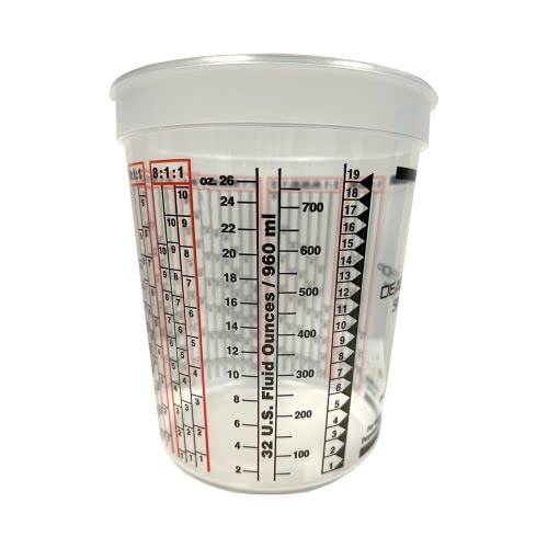 Disposable Solvent Resistant Cups with Graduations for Paint Mixing, Epoxy Resin Pour, Acrylic Paint and Stain 1 Quart 32 oz. Cups, 100 pack, for Body Shops, DIY, Garages, Dealerships, Made in USA