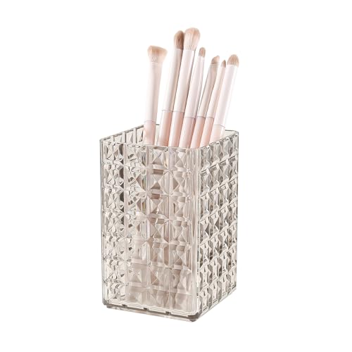 DASITON Makeup Brush Holder Organizer, Acrylic Makeup Brush Cup, Diamond Striped Make Up Brush Holder for Vanity, Bathroom Countertop, Toothbrush Holders, Pen Holder for Desk Storage (Gray) - color: Gray