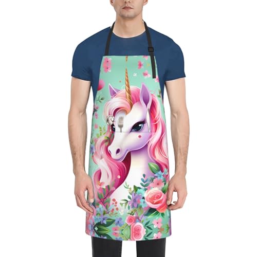 Prancing Brown Horse Heavy Duty Waterproof Apron with Pockets for AdultsResistant Grilling, Gardening, Painting - color: Pink Unicorn