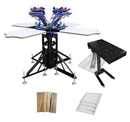 TECHTONGDA 4 Color 4 Station Screen Printing Press Kit Micro-Registration Function with Flash Dryer Squeegee Mesh Frame