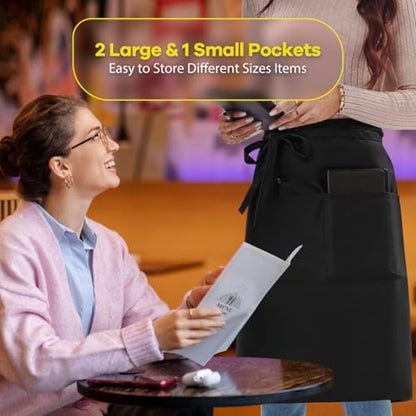 ROTANET Long Server Apron Black with 3 Pockets Bistro Half Aprons for Men Women Waiter Waitress Chef 28 Inch Waterproof - color: Black