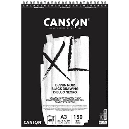 CANSON XL Black Drawing 150gsm A3 Paper, Double Sided: Grained & Smooth, Spiral Pad Short Side, 40 Black Sheets, Ideal for Professional Artists & Illustrators - size: A3