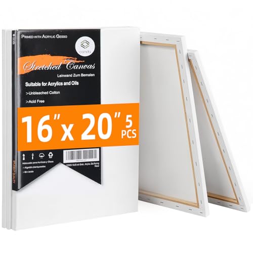 CONDA 16x20 inch Stretched Canvas for Painting, 5 Pack Primed Large Canvas, Primed Acid-Free Cotton 5/8 Inch Profile Value Bulk Pack for Acrylics, Oils Painting - size: 16x20 inch