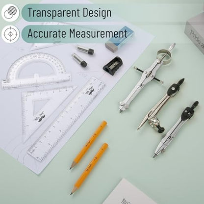 Mr. Pen- Geometry Set, 13 pcs, 3 Metal Compasses, Protractor, 6" Ruler | 45° & 30°/60° Set Squares, Pencils, Lead Refills, Sharpener & Eraser for Math, Drafting & Classroom Use | 45° & 30°/60° Set Squares, Pencils, Lead Refills, Sharpener & Eraser for Mat