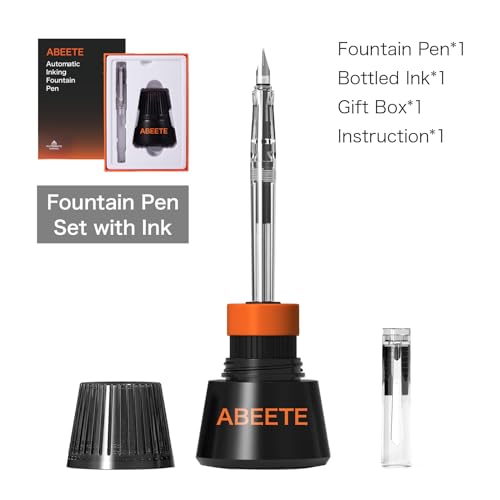 Self-Inking Fountain Pen Set, Auto Ink Refill No Cartridges or Converter Needed, Includes Black Bottled Ink, Clear Barrel, Chrome Trim, Fine Nib-Smooth Writing, Journaling, Calligraphy
