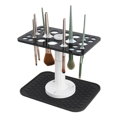 Makeup Brushes Drying Rack with Silicone Mat, 26 Holes Acrylic Brush Holder Stand Tree Tray, Adjustable Makeup Brush Holder - color: Black
