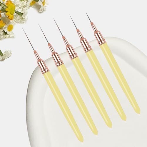 5PCS Liner Brushes for Nails, Nail Art Liner Brushes Set, 6/9/12/15/18mm Thin Detail Brush for Long Lines & Fine Drawing, UV Gel Polish Painting Nail Design Tools- Yellow - color: Yellow