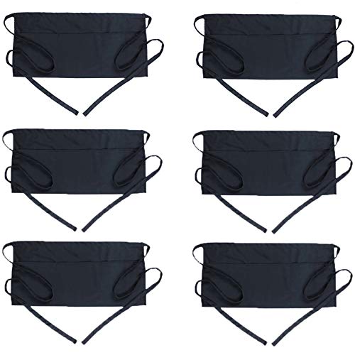 BOHARERS Waist Apron with 3 Pockets 6 Pack - Black Waitress Server Short Apron - color: B-6 Pack Black