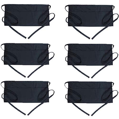 BOHARERS Waist Apron with 3 Pockets 6 Pack - Black Waitress Server Short Apron - color: B-6 Pack Black