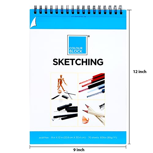 COLOUR BLOCK Sketching Pad Spiral Notebook/Drawing Book, 9x12 in, 70 Sheets 60 Pound Pressed- Acid Free Art Supplies, Sketch Pad Ideal for Beginners and Drawing While on The Go