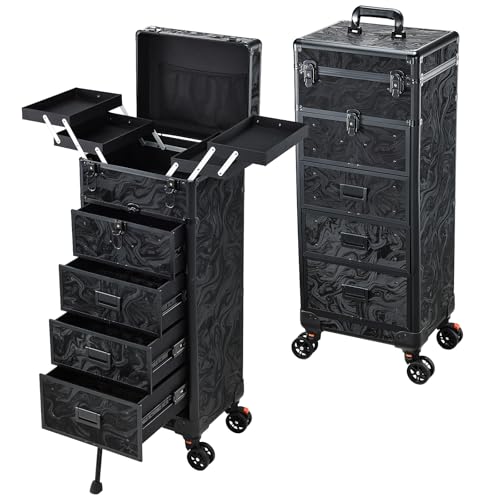 Stagiant Rolling Makeup Case with Drawers Cosmetology Case on Wheels 5 IN 1 Makeup Case 4 Drawers with Foot Stand Spring-release Mechanism Rolling Make Up Organizer for Artist Salon Nail Teach Trunk - color: 4 Drawers Alpine Black