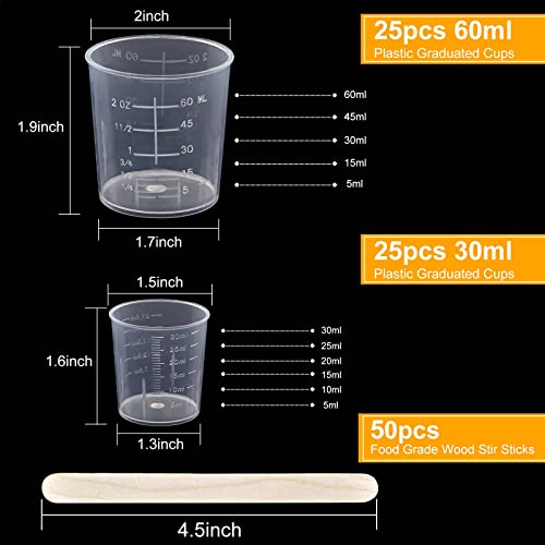 Coopay 50 Pack 60ml/2oz and 30ml/1oz Plastic Graduated Cups Transparent Scale Clear Epoxy Mixing Cup with 50 Pack Wooden Stirring Sticks for Resin, Epoxy, Stain, Mixing Paint - size: 30ml+60ml