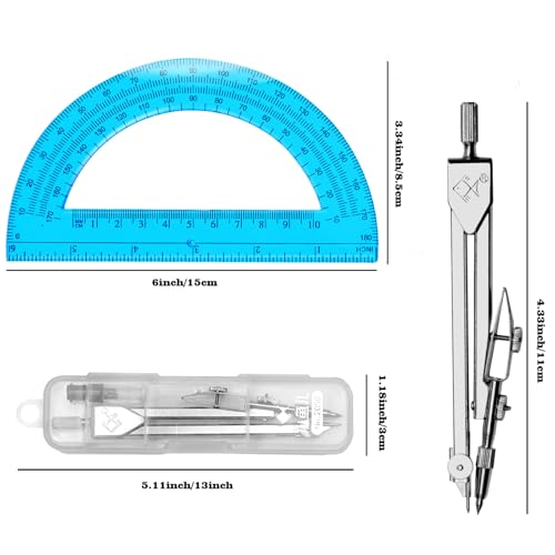 Students Geometry Math Set, Drawing Compass and 6 Inch Transparent Swing arm Protractor 180 Degree Math Protractor (Blue) - color: Blue