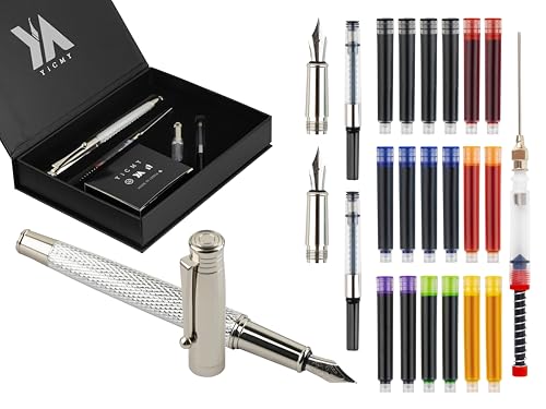 Fancy Fountain Pen Set – Fine & Medium Nibs, Includes 18 Ink Cartridges, Ink Converter, Syringe Filler, Luxury Gift for Writing, Journaling & Calligraphy，Silvery - color: silvery