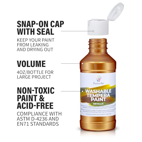 Metallic Washable Tempera Paint – 6 Shimmer Colors, 4 fl oz Bottles, Non-Toxic Kid-Safe School & Craft Paint, Easy Cleanup, Classroom Art Supplies, Made in USA - color: Metallic