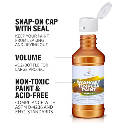 Metallic Washable Tempera Paint – 6 Shimmer Colors, 4 fl oz Bottles, Non-Toxic Kid-Safe School & Craft Paint, Easy Cleanup, Classroom Art Supplies, Made in USA - color: Metallic
