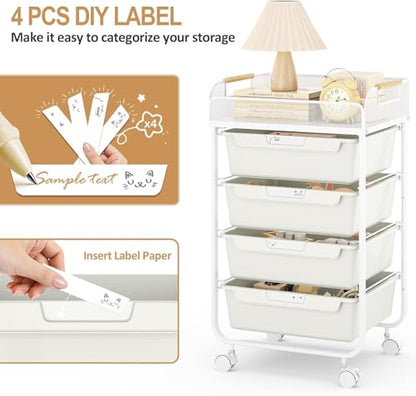 SYKIARIOL 4-Drawer Rolling Storage Cart with Mesh Top, Utility Craft Organizer Cart on Wheels with DIY Labels, Rolling Drawer Cart for Home Office Classroom Bedroom, White - color: White