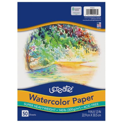 UCreate Watercolor Paper, White, Package, 140 lb., 9" x 12", 50 Sheets - size: 9-x-12-Inch