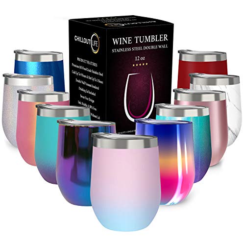 CHILLOUT LIFE 12 oz Stainless Steel Wine Tumbler with Lid - Double Wall Vacuum Insulated Wine Cup Glass Keeping Cold & Hot for Coffee, Champagne, Cocktails, Ice Cream - Powder Coated Pink/Teal - color: Cotton Candy, style: 1 Pack
