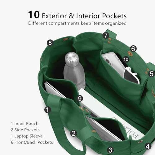 TOPDesign Large Canvas Tote Bag for Women, Shoulder Bag with Laptop Sleeve & Pockets, Everything Tote for Travel, Work (Dark Green) - color: Dark Green