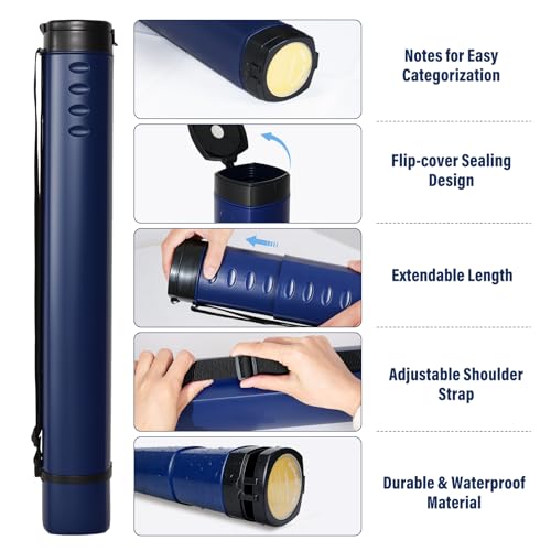 DEWEL Adjustable Poster Tube 24.5"-42", Waterproof Plastic Document Storage Tube Telescoping Carrying Case, Light Resistant Drawing Tube Painting Picture Tube Holder (Dark Blue-Large Size) - color: Dark Blue (Polygon), size: Large