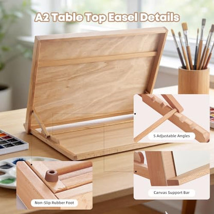 A2 Wooden Tabletop Easel for Painting, 25.6" x 18.9" | Adjustable 5-Position Table Top Easel for Painting, Desktop Artist Painting Easel with A3 Sketch Paper for Adults, Students - size: A2(25.6"x18.9")