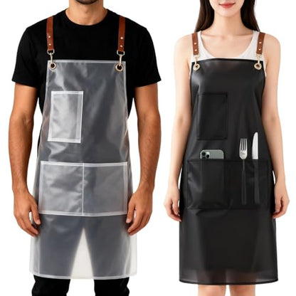2 Pack Waterproof Translucent Apron with Large Pockets,Cross Back Apron Cooking Apron for Dishwashing,Cleaning Fish, - color: Black&white