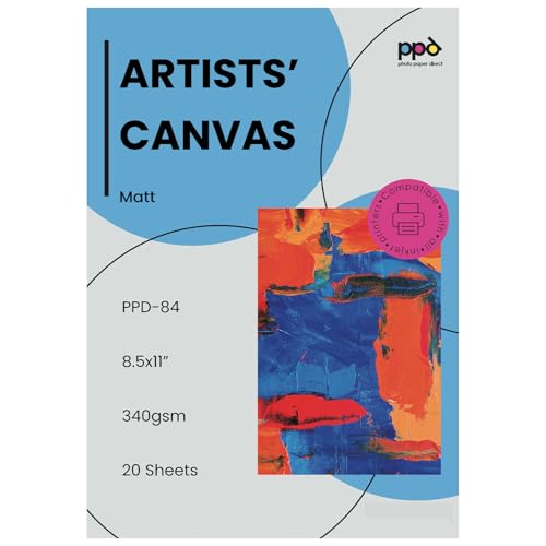 PPD Printable Fabric Sheets, Canvas Paper for Inkjet Printer, 100% Real Cotton, Matte Finish, No Watermark, 340 gsm 125 lbs (20 Sheets) 8.5 x 11 inches - size: 20 Sheets (LTR 8.5 x 11"), style: Canvas