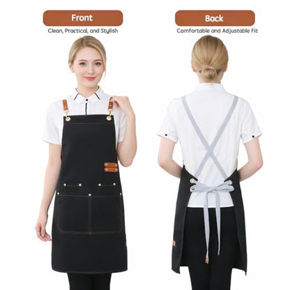 Chef Apron for Men & Women – Heavyweight Waterproof Canvas with Cross-Back No-Neck-Pain Design, 4 Pockets & Genuine Leather Ties, Adjustable Cooking Apron for BBQ Grilling Coffee Shop
