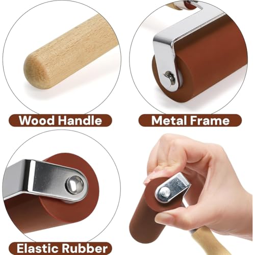 Wood Handle Printmaking Brayer Tool, 3 Sizes Rubber Roller(6, 4, 2 Inch), Soft Design for Stamping, Wallpapers, Tape
