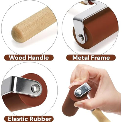 Wood Handle Printmaking Brayer Tool, 3 Sizes Rubber Roller(6, 4, 2 Inch), Soft Design for Stamping, Wallpapers, Tape