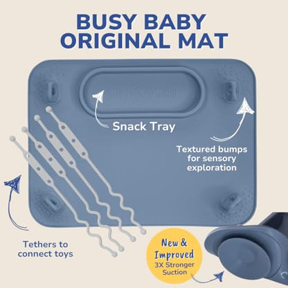 BUSY BABY Silicone Mat Bundle - 1 Original Mat Plus 1 Mini Mat, NEW Stronger Suction Cups, 6 Straps to Secure Baby Essentials and Keep Them Off the Floor, Baby Led Weaning, Wet Bag Included (Pewter) - color: Pewter Bundle