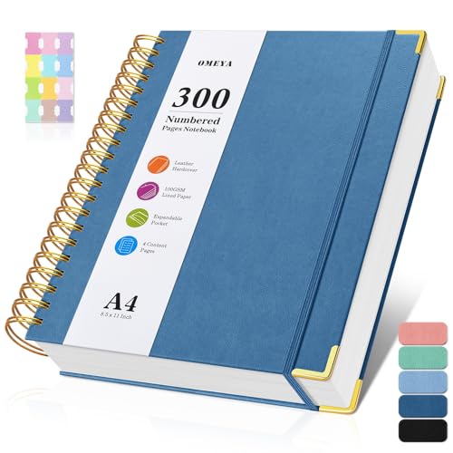 Spiral Notebook 8.5" x 11", 300 Numbered Pages Notebooks College Ruled with Tabs, Hardcover Leather Lined Journal for Women Men, 100GSM Thick Journals for Writing, Large A4 Notebooks for Work School - color: Dark Blue, size: A4