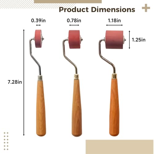 Ink Roller Set: 3 Rubber Brayers with Wooden Handles (Widths: 0.39, 0.79, 1.18) - Professional Tools for Linocut, Block Printing, and Art Projects