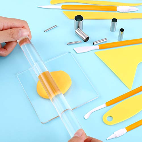 Honoson 24 Pcs Clay Sculpting Tools Kits Polymer Clay Tools DIY Set with Roller, Acrylic Sheet, Scraper Backing Board, Round Circle Shape Cutter, Shaping for Art Craft(Yellow) - color: Yellow