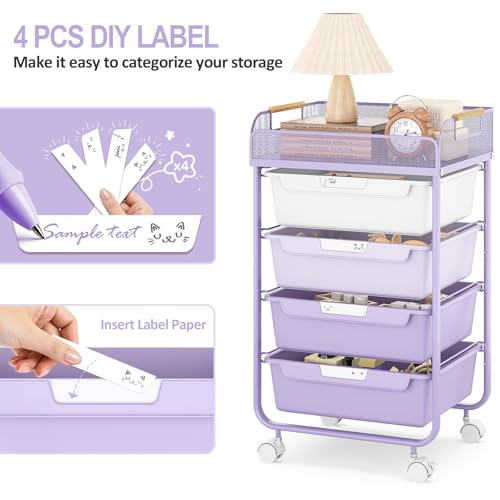 SYKIARIOL 4-Drawer Rolling Storage Cart with Mesh Top, Utility Craft Organizer Cart on Wheels with DIY Labels, Rolling Drawer Cart for Home Office Classroom Bedroom, Purple - color: Purple