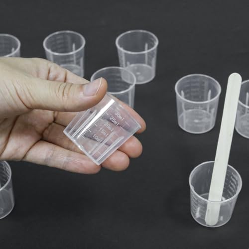 100 Pcs Plastic Graduated Cups, 1oz/30ml Transparent Scale Cups, Epoxy Mixing Cup with 50 Pcs Wooden Stirring Sticks