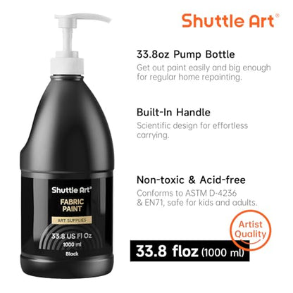 Shuttle Art Black Fabric Paint, 33.8 oz(1000 ml) Large Bottle with Pump, Permanent Fabric Paint for Furniture, Sofa, Cushions, Clothes, Soft Non-Toxic Textile Paint for Color Changing, Renewal & Art Creations - color: Black