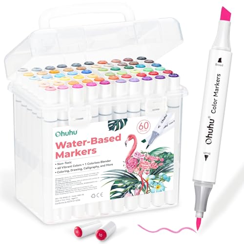 Ohuhu Markers for Adult Coloring Books No Bleeding 60 Colors Water-based Dual Tips Brush & Fine Coloring Markers for Kids Adults Beginners Drawing Pens for Journaling Lettering (Brush & Chisel) - style: Brush & Chisel