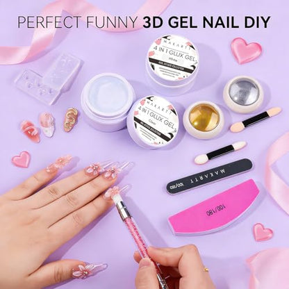 Makartt 3D Gel Nail Art for Nails Starter Kit: Clear and White 3D Sculpting Gel Non-Sticky Molding Carving Glue Extension Builder DIY Manicure Gold & Silver Chrome Powder Solid Soak Off Hard Gels - color: Clear & White Starter Kit