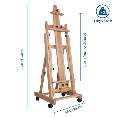 Movable Large H-Frame Painting Easel, 56 To 91" Adjustable Artist Studio Easel with Wheels & Tilting Flat Available, Premium Beech Wood, Heavy Duty Art Easel Stand for Home Drawing Studios Museums Etc