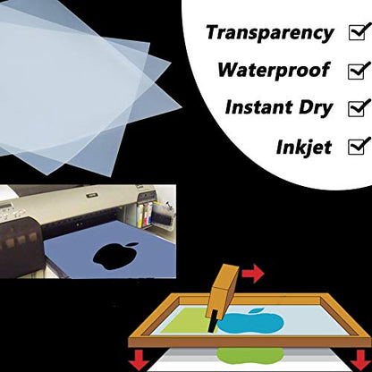 11"x17" 100 Sheets Screen Printing Film Waterproof Inkjet Transparent Film for Water-based Pigment and Dye Printers